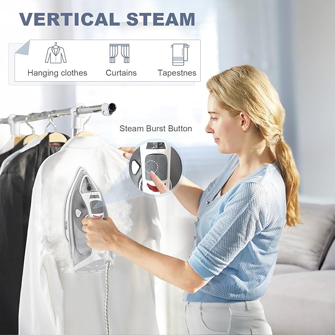 OSTBA 1600W Steam Iron for Clothes with Rapid Heating Nonstick Soleplate, 300ml Water Tank, Precise Thermostat Dial, Self-Cleaning, Anti-limescale, Drip Stop Function Clothes Iron