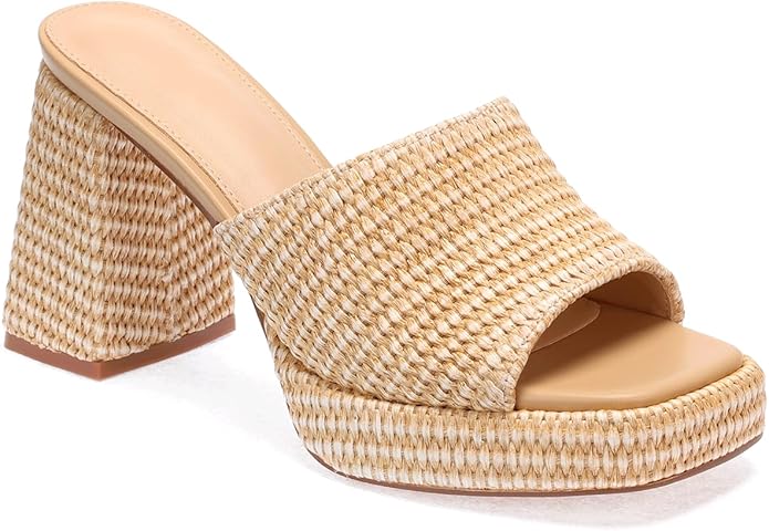 Monrovia Womens Sandals Heels for Women Slide On Block Chunky Platform High Heels Open Toe Raffia Wedge Sandals