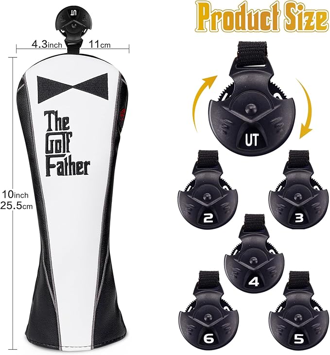 The Golf Father Golf Club Covers, Driver Fairway Hybrid Headcover, Funny Putter Cover Magnetic, Black & White Color Iron Covers,Golf Gifts for Men