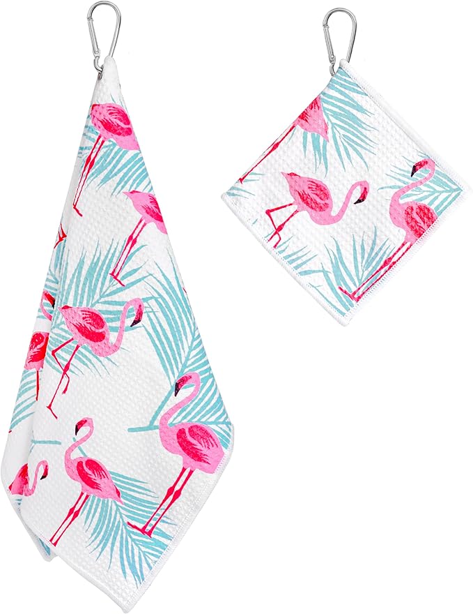 Microfiber Golf Towels for Golf Bags & Carts - Premium Weave Waffle & Ball Towels with Carabiner Clip, Essential Accessories for Men, Women and Kids, Golfer Gifts, Set of 2 (Flamingo Tropics)