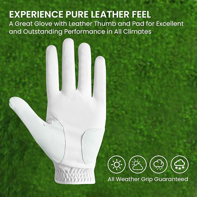Golf Gloves Men Right Handed Golfer Left Hand Leather Stylish Value 2 Pack with Ball Marker, Mens Golf Glove All Weather Grip, Size Small Medium ML Large XL