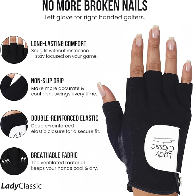Mesh Half Golf Glove for Women – Premium Cabretta Leather Palm, Breathable Mesh Back, Half-Finger Design Ladies Golf Glove for Enhanced Grip & Comfort