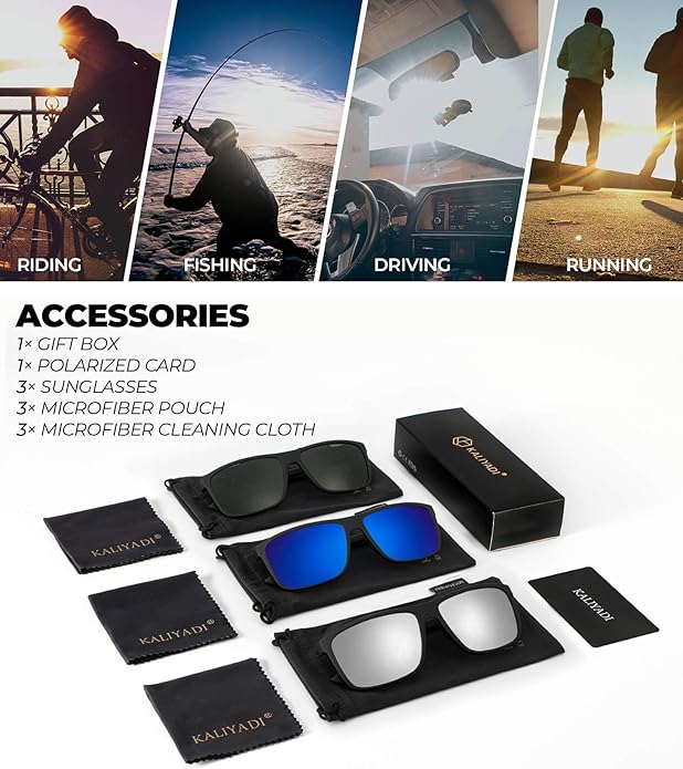 KALIYADI Polarized Sunglasses for Men and Women, Mens Sun Glasses with UV Protection for Driving Fishing Golf (3 Packs)