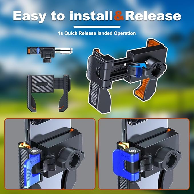 Golf Cart Phone Holder, Universal Phone Mount for Golf Carts, Quick 1s Lock & Release, Fits iPhone Samsung Android, Clamp-On Holder for Yamaha Club Car EZGO, Durable Golf Cart Accessories
