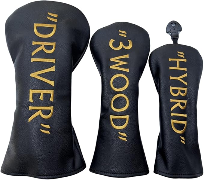 Golf Club Headcover 3 Wood Headcover Black n Gold Premium PU Leather Driver #3 Fairway Wood Hybrid Wood Head Cover Fits for All Brand