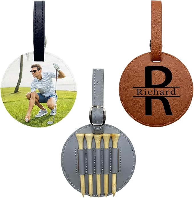 Personalized Golf Bag Tag with Tees - Custom Name & Pattern Leather Golf Accessories Gifts for Men Women Golfers