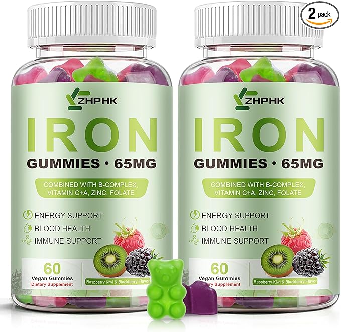 Iron Gummies for Women Men Vitamin Supplement 65mg & Vitamin C 250mg Per Serving with B6 B12 Folate- Energy Support for Iron Deficiency, Anemia, Vegan Raspberry Kiwi & Blackberry Flavor, 120 Gummies