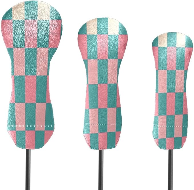 Golf Club Head Covers for Driver Hybrid and Fairway Woods, Waterproof Leather Headcovers for Golf Clubs, Ideal Golf Accessories Gift for Men Women (Pink and Teal Checkered)