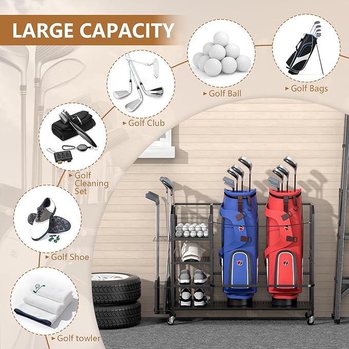 Golf Bag Storage, Big Capacity Golf Bag Organizer for Golf Bag and Equipment Accessories, Golf Organizer for Garage, Home or Club,Extra Storage Rack for Golf Clubs,Black