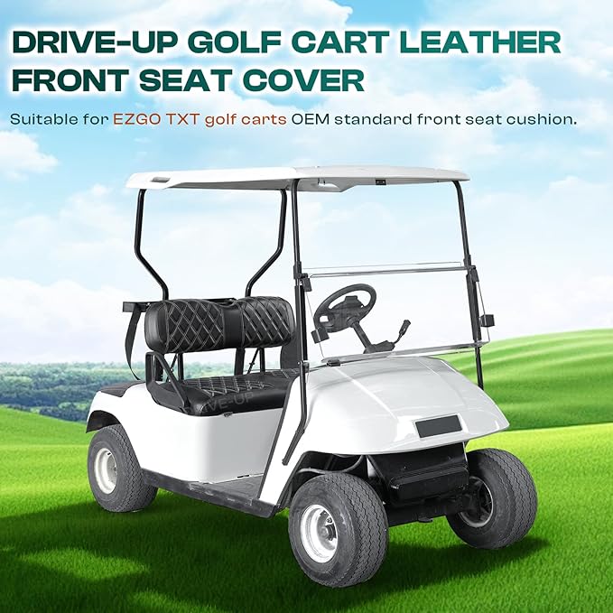 Drive-up Golf Cart Seat Covers, Diamond Leather EZGO TXT Seat Covers, Black PVC EZGO Front Seat Covers with Brown Stitching, Anti-Scratch and Stain-Resistant