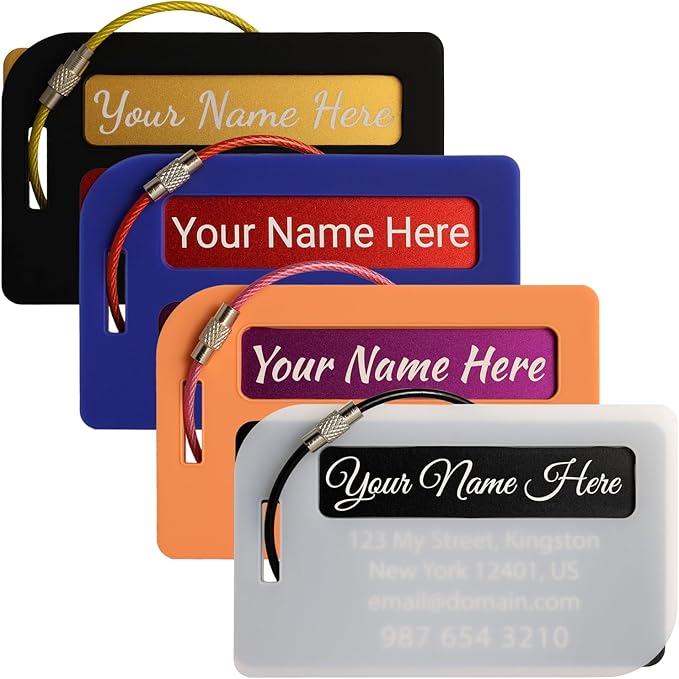 Full Privacy Customized Metal Luggage Tags - Laser Engraved Aluminum Luggage Tags with Silicone Sleeves Pack of 4 (Privacy-Enhanced Bundle, 2x3.5)