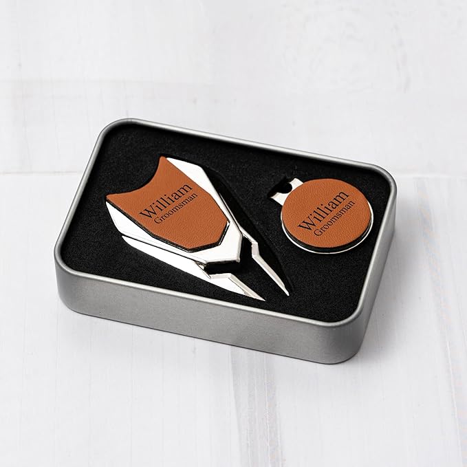 Personalized Leather Divot Repair Tool Set, Custom Golf Ball Marker for Men, Engraved Golf Turf Tools Gift for Dad Golfer