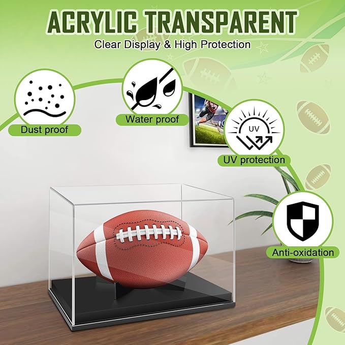Full Size Football Display Box, Souvenir Display Box for Football or Commemorative Sports Gloves, Acrylic Transparent Box with Wooden Support and Solid Wood Base