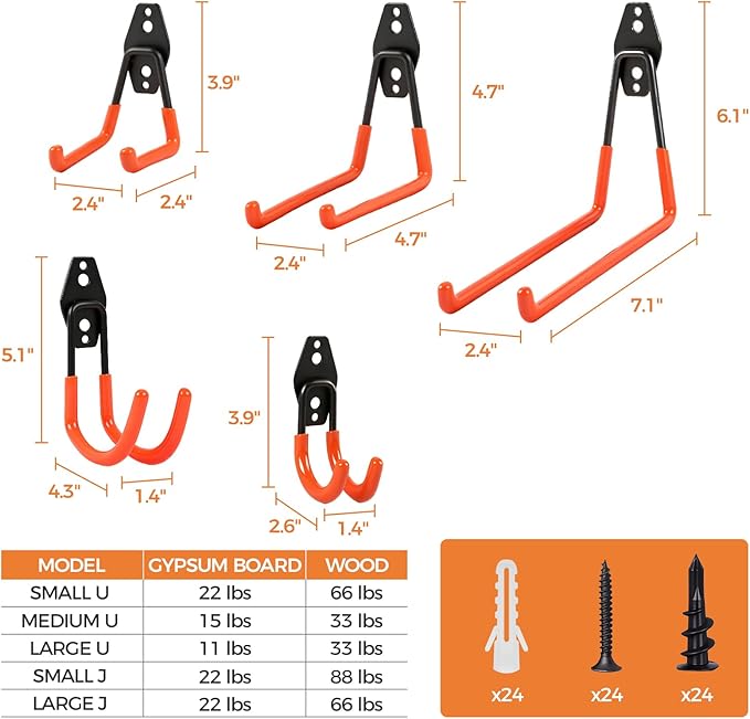 Garage Hooks Heavy Duty - 16 Pack Garage Storage Hooks Anti-Slip Coating Wall Mount Hook for Hanging Ladders Bikes Garden Tools Hose Orange