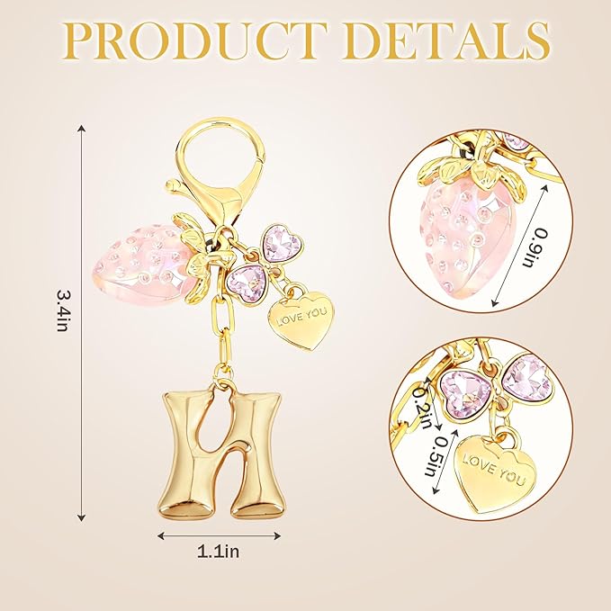 Snycler Bubble Initial Keychain with Strawberry & Bow- Gold Letter Bag Charms for Women, Cute Purse Handbag Accessories
