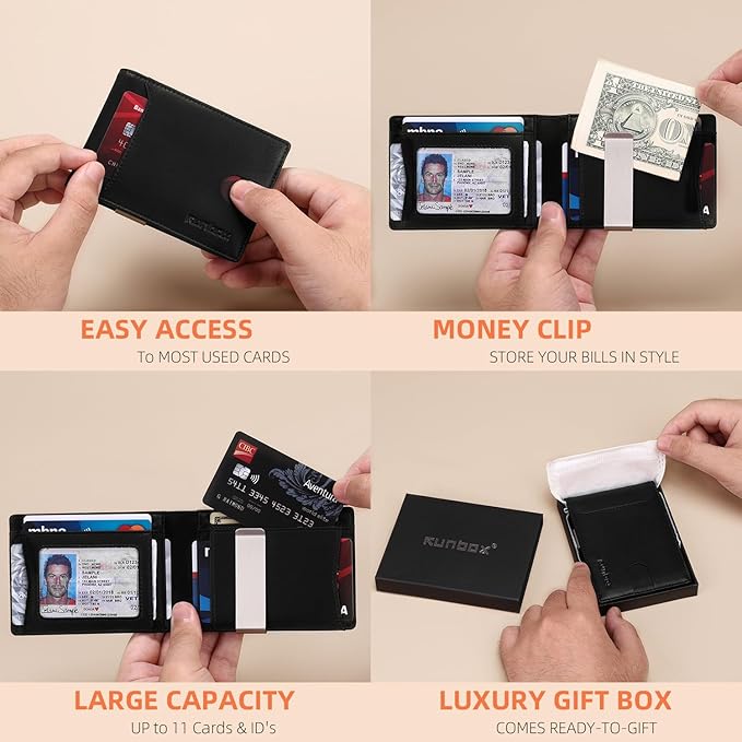 RUNBOX Money Clip Wallets for Men,Slim Leather Mens Bifold Wallet,RFID Blocking Front Pocket Wallet,Thin Credit Card Holder with Gift Box