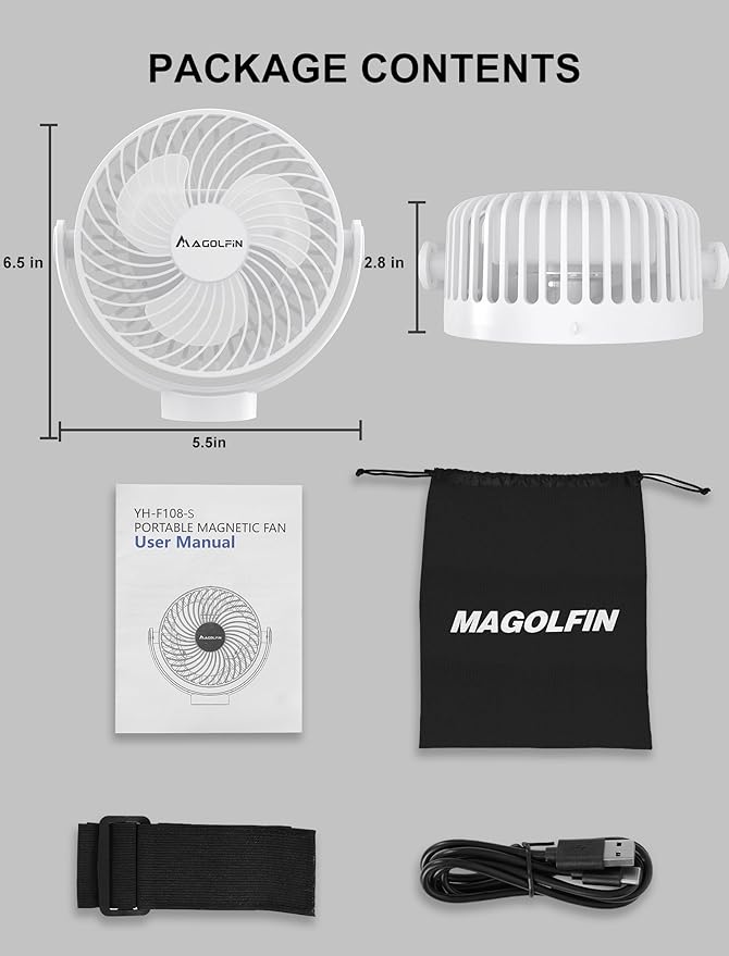 2-Pack Magnetic Golf Cart Fan Rechargeable, 12000mAH Battery Operated Portable Fan with 3 Speeds, LED Lantern, Magnetic Base, Suitable for EZGO Club Car Yamaha, Golf Cart & Cruise Ship Accessories