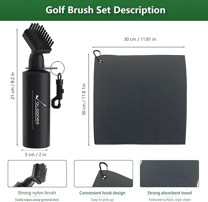 Golf Club Cleaning Kit Golf Brush and Microfiber Towel Soft Fabric Strong Absorbent Quick-Drying Solid Clip Easy to Use Golf Accessory (About 30x30in) Gifts for Golfer Golf Gift