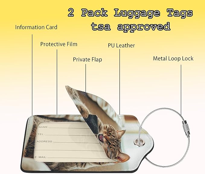 TSA Approved Luggage Tags for Suitcases Cat Phone 2 Pack Funny Leather Carnival Cruise Airport Cute Travel Name Tags Golf Bag tag Ships Essentials Privacy Cover ID Label for Women Men