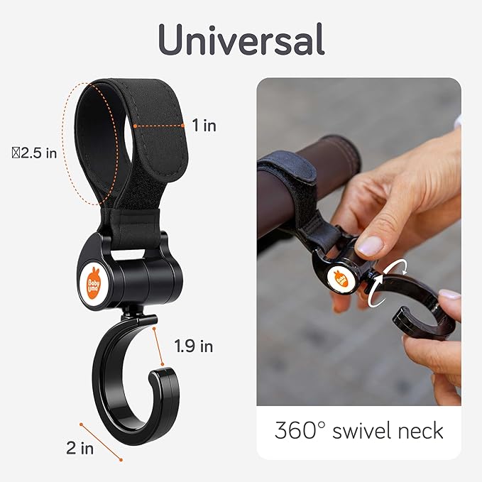 Baby Uma Stroller Hooks (2 Pack) - Open Stroller Hook with 360°-Swivel Neck & Extra Strong Strap, Easy On 'n Off & Universal, 11 lb Weight Capacity, Baby Travel Essential