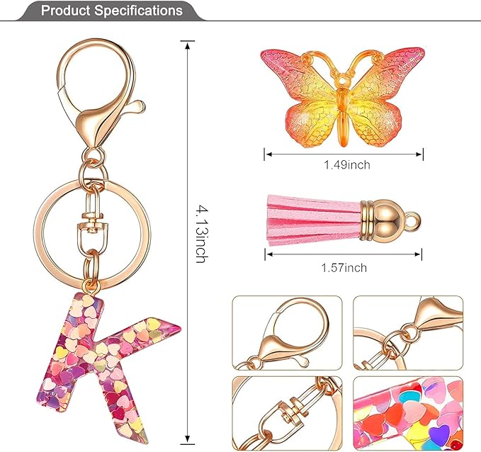 JINGUAZI Initial letter Keychains for Women Tassel Butterfly Pink Purple Cute Car Keychain for Wallet Backpack bag charm