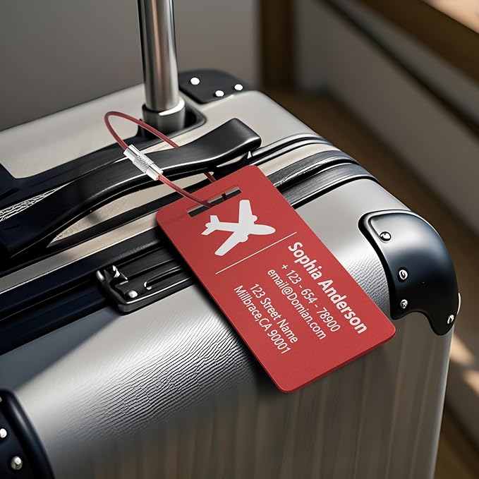 4 Pack Personalized Luggage Tags, Custom Engraved Aluminum Luggage Tags with Your Personalized Text, Waterproof Metal Name Tags with Steel Loop for Bags, Suitcase, Baggage, Backpack (Red, Small)