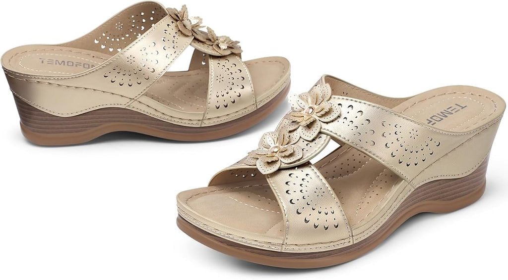 TEMOFON Womens Wedge Sandals Leather: Dressy Sandal, Rubber Sole, Comfortable Walking, Casual Slip on Summer Shoes, Size 5-11