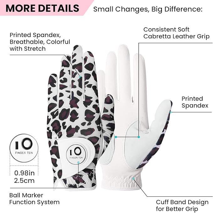 FINGER TEN Stylish Golf Gloves Women with Ball Marker 1 Pack for Left or Right Hand, Breathable Glove with Fashion Patterns for Ladies Right Left Handed Golfer