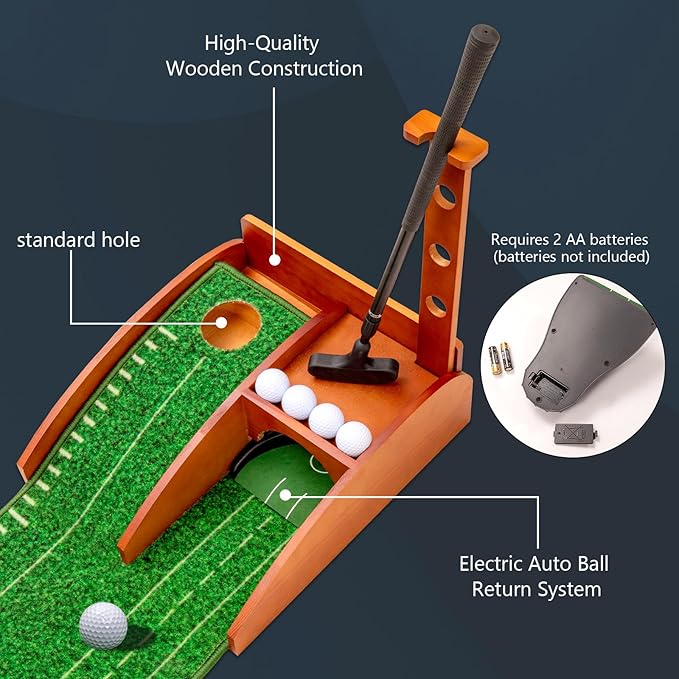 Golf Putting mat with Auto Ball Return, Putting Green Indoor, Crystal Velvet Mat and Solid Wood Base, Game Practice Golf Gifts for Home, Backyard, Office