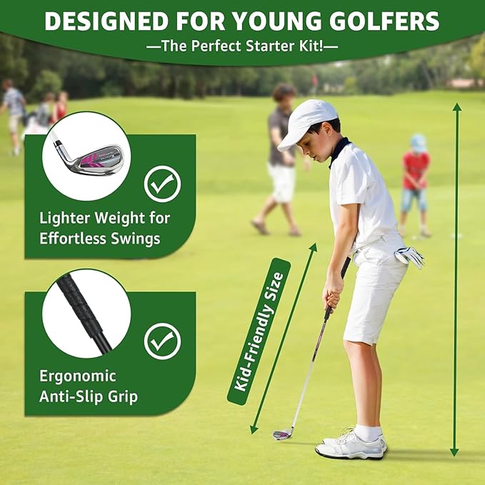5/6 Pieces Kids Golf Club Set, Junior Golf Club Set Ages 4-12 Includes Stand Bag, 1# Drive, 5# Hybrid, 6/7#, 9/P# Irons and Putter Right Hand for Boys Girls