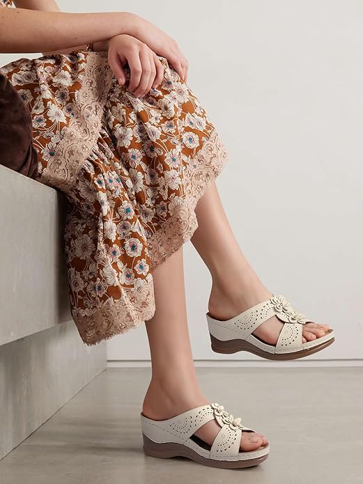 TEMOFON Womens Wedge Sandals Leather: Dressy Sandal, Rubber Sole, Comfortable Walking, Casual Slip on Summer Shoes, Size 5-11