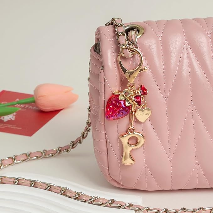 Snycler Bubble Initial Keychain with Strawberry & Bow- Gold Letter Bag Charms for Women, Cute Purse Handbag Accessories