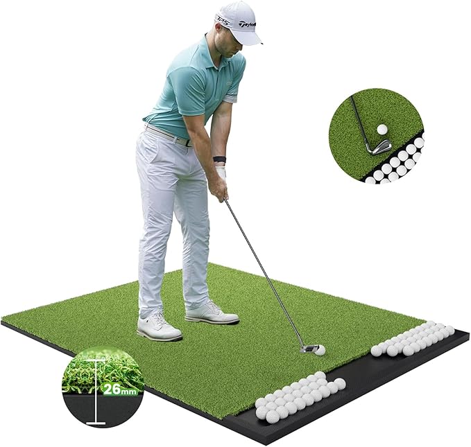 Integrated 5x4ft 6x4ft & 6x5ft 26mm-31mm Golf Mat with Ball Tray, Thickening Golf Mats Practice Outdoor & Indoor Artificial Turf Matt with 3 Tees