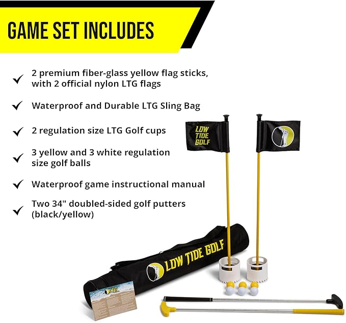 Set - America's Best Outdoor Beach Putting Game - Mini Golf on The Beach - Durable, Convenient, and Weatherproof - 2 Putters, 2 LTG Regulation Cups, Flags, Travel Bag, 6 Golf Balls