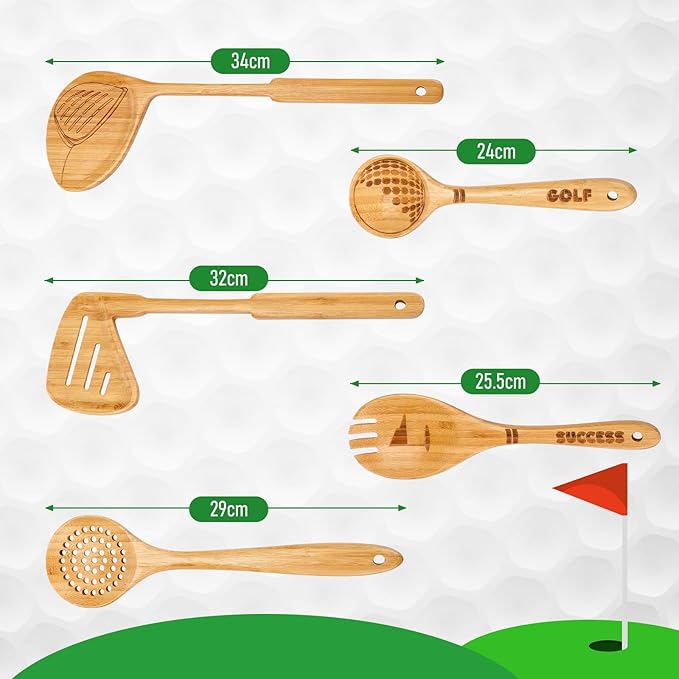 5 Pcs Golf-club Style Kitchen Utensil Set Bamboo Spatula Soup Spoon Fun Golf Themed Kitchen Utensil Set for Gift Funny Birthday Gifts for Men Women Golfers Christmas Birthday