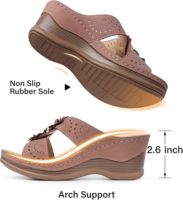 TEMOFON Womens Wedge Sandals Leather: Dressy Sandal, Rubber Sole, Comfortable Walking, Casual Slip on Summer Shoes, Size 5-11