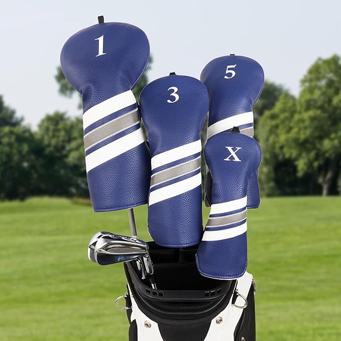 Golf Club Covers, 4pcs or 1pc Golf Head Covers for Woods, Driver, Fairway, Hybrid - Premium PU Leather Golf Club Head Cover with Interchangeable Tags