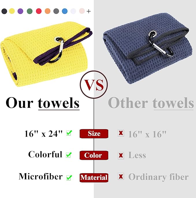 VIVIDLY 2 Pack Tri-fold Golf Towels, Premium Microfiber Fabric Waffle Pattern with Black Heavy Duty Carabiner Clip, Yellow Golf Towels for Golf Bags for Men (Yellow)
