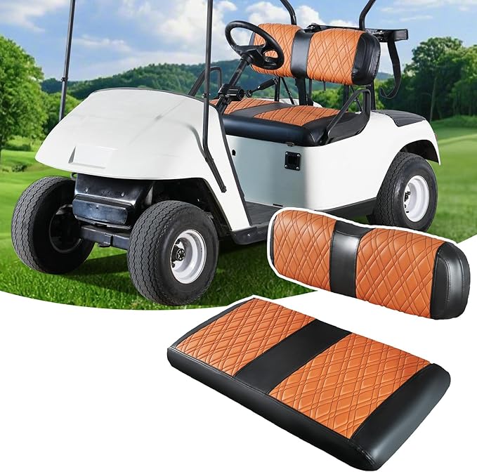 Golf Cart Seat Covers Suitable for EZGO TXT Standard Front Seat Cushion, Golf Cart Front Seat Covers Kit No Drilling & Waterproof (Brown PVC Leather & Black Stitching)