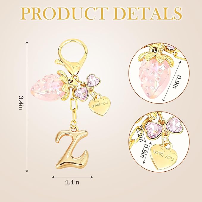 Snycler Bubble Initial Keychain with Strawberry & Bow- Gold Letter Bag Charms for Women, Cute Purse Handbag Accessories