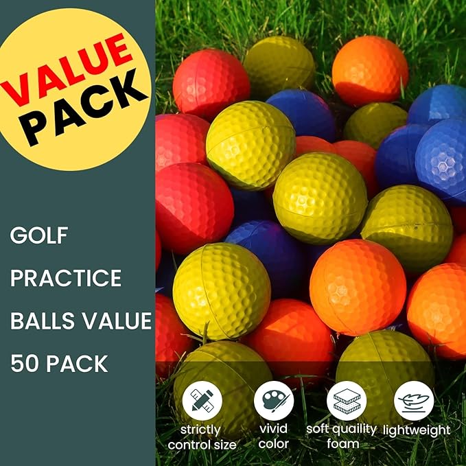 FINGER TEN Golf Practice Balls Foam Colored Value 12 24 50 Pack, Lightweight Golf Ball Limited Flight for Indoor Outdoor Driving Range Backyard Training Safe Practice Good Value