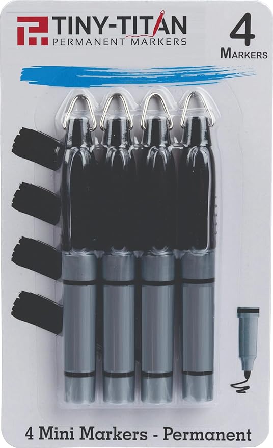 Tiny-Titan Mini Markers, Permanent Ink, Keychain Clip, Greart For Marking Golf Balls, Clip On Nurse's Badge, Works On Plastic, Wood, Metal & Glass - Fine Point - BLACK Ink - 4 Pen Pack