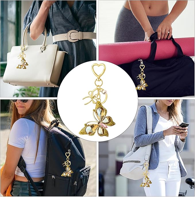 Bag Charm Keychain for Women: Cute Bow Keychains with Diamond Butterfly Pendant, Bags Purse Key ring Accessory