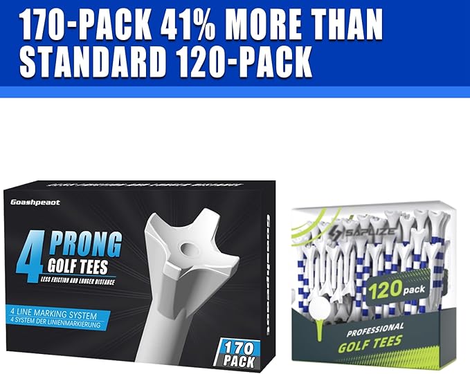 170 Pack Golf Tees 50 Iron Tees with 120 Driver Tees, Pro 4 Line Marking System Plastic Golf Tees, 4-Prong Engineered to Reduce Friction & Longer Distance