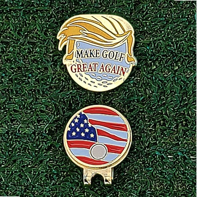Make Golf Great Again Shaped Golf Ball Marker with USA Flag Magnetic Hat Clip - Patriotic, Fun Gold-Plated Golf Accessory for Avid Golfers