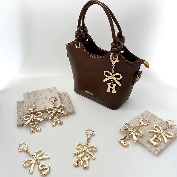 Gold Bubble Heart, Cherry, Bow & More Designs Letter Initial Keychain Bag Charms – Cute Purse Charms for Handbags