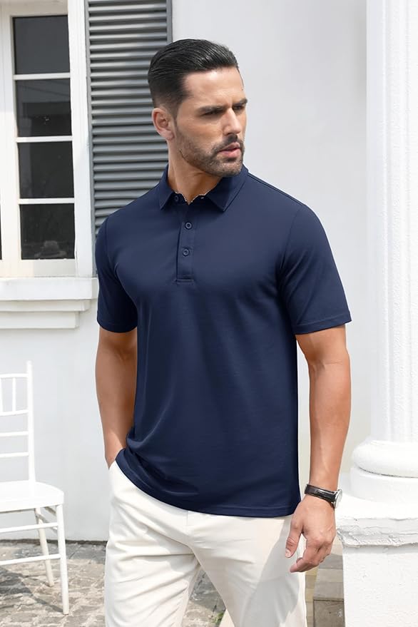 MAGCOMSEN Men's Polo Shirts Short Sleeve Cotton Pique 3 Button Classic Fit Casual T-Shirt Performance Golf Shirts