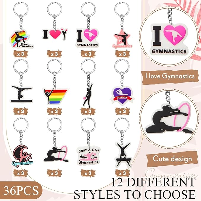 Batiyeer 36 Pack Gymnastics Keychains Bulk Party Favors Sports Ball Key Chains Funny Keyring Gifts for Women Men Birthday Supplies