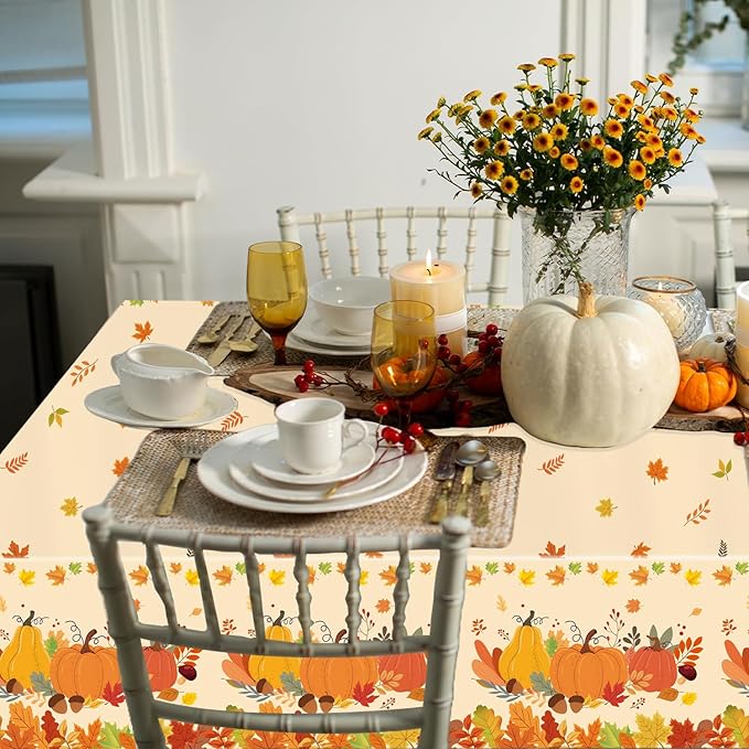 3 Pack Fall Pumpkin Tablecloth Thanksgiving Tablecloth Autumn Leaves Table Cover for Fall Thanksgiving Party Decorations, 54 x 108 Inch