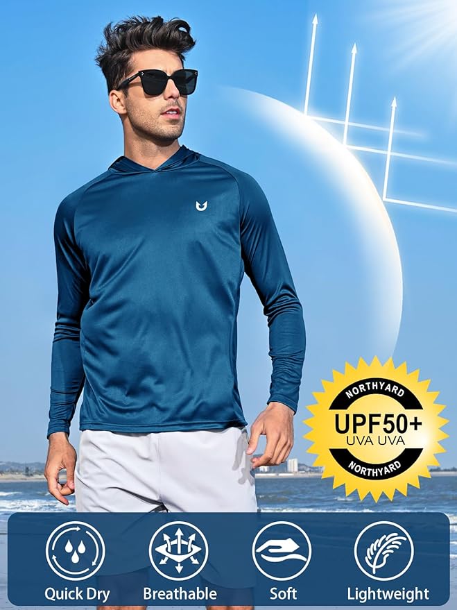 NORTHYARD Men's UPF 50+ Hoodie Shirts Long Sleeve Sun Protection Fishing Swim Beach UV SPF Rash Guard Quick Dry Lightweight